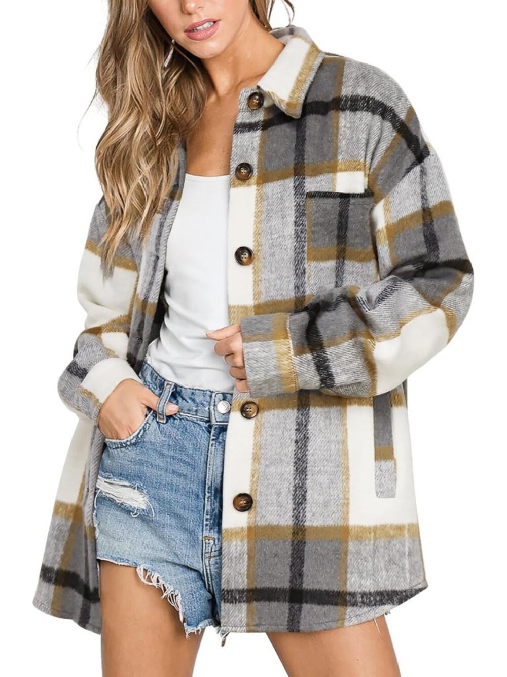 Womens Grey-Khaki Fall Plaid Long Sleeve Bust Pocket Button Down Flannel Shacket